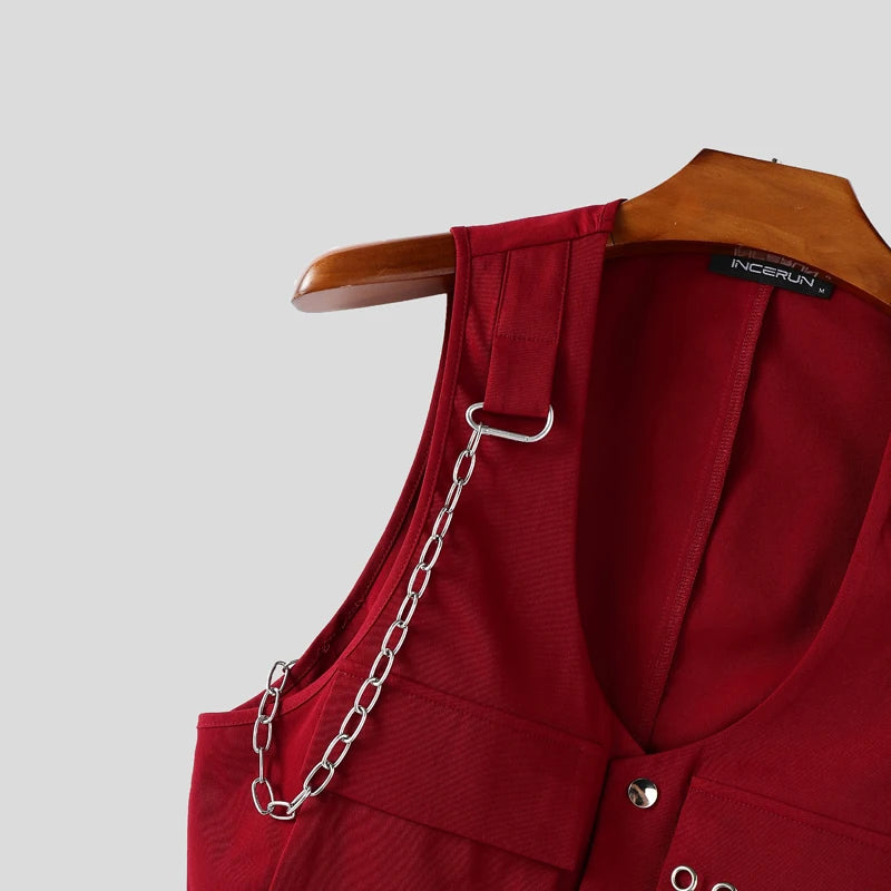 INCERUN Men Vests Solid Color Chain Decoration V Neck Sleeveless Crop Tops Men Streetwear Fashion Casual Male Waistcoats S-3XL