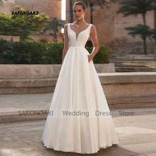 Customized Simple Satin V-neck Wedding Dress for Bride Backless A-line Princess Bridal Gown with Pockets Robe Vestidos De Novia