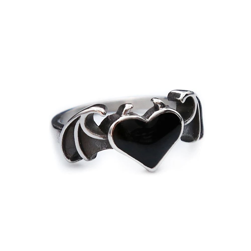 Fashion Vintage Angel Demon Wings Black Heart Ring For Men Women Gothic Biker 316L Stainless Steel Couple Romantic Jewelry Gifts
