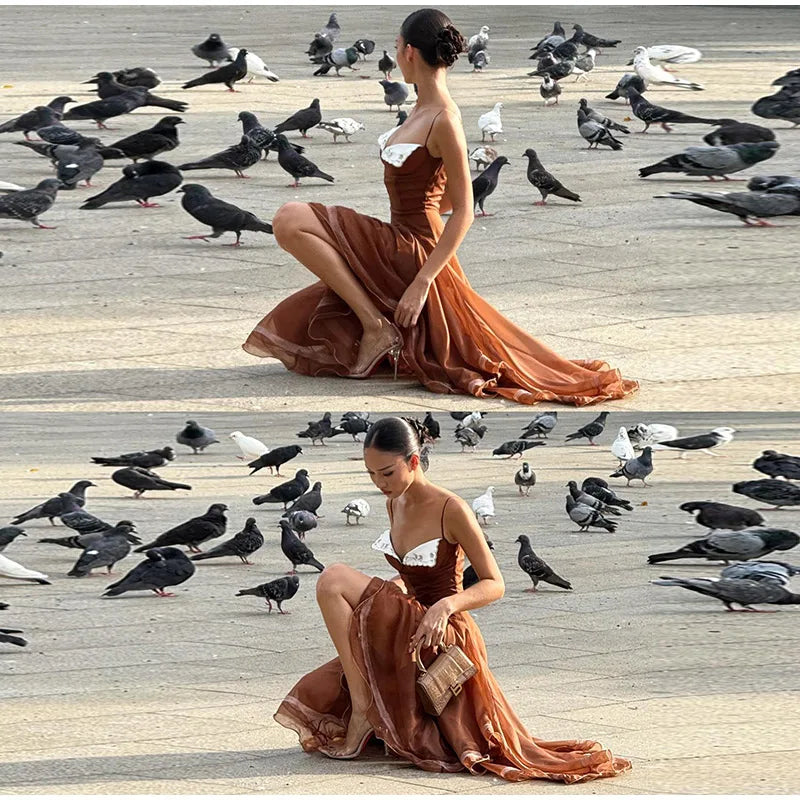 Spaghetti Strap Chiffon Lace Trim Flared Dress Sleeveless Waist Cinched 2026 Summer Formal Women Gown Chic Causal Lady Vestido