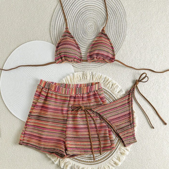 Ensembles de bikini sexy en tricot rayé à nouer au cou, trois pièces avec short, maillot de bain, tenue de plage, bikini, tankini