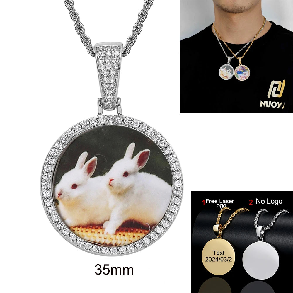Custom Photo Necklace Circle Chain Personalized Medallion Memory Picture Pendant Solid Back Zircon Hip Hop Jewelry Free Engrave