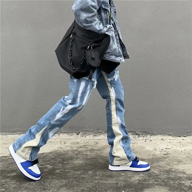 2026 Y2K Patchwork Washed Blue Baggy Flare Jeans Pants Men Clothing Straight Loose Vintage Old Denim Trousers Pantalones Hombre