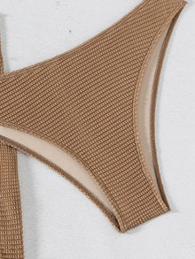 Coffee Bandeau Bikini Set With Mesh Skirt 3 Piece Swimwear
