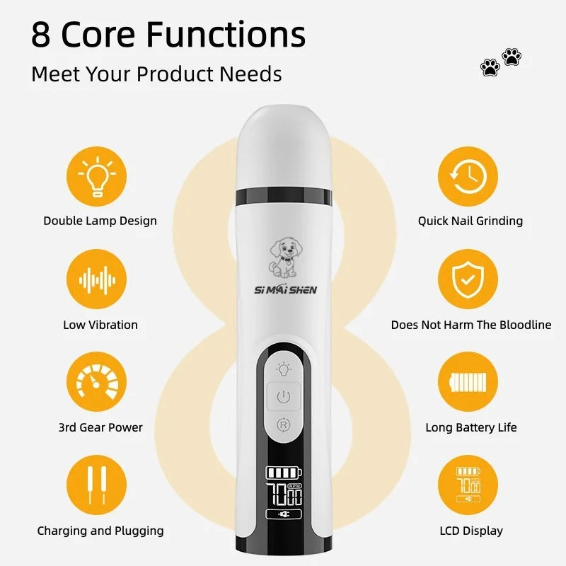 Pet Nail Grinder with LED Light - USB Rechargeable Clipper for Cats and Dogs, Professional Paws Grooming Trimmer Supplies