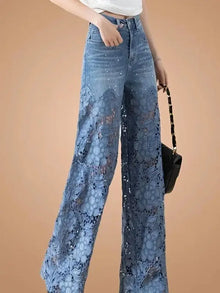 Y2k Women's cute jeans High Leg Waisted Wide  2025 Spring Summer Fashion Hollow Lace Patchwork Denim Pants