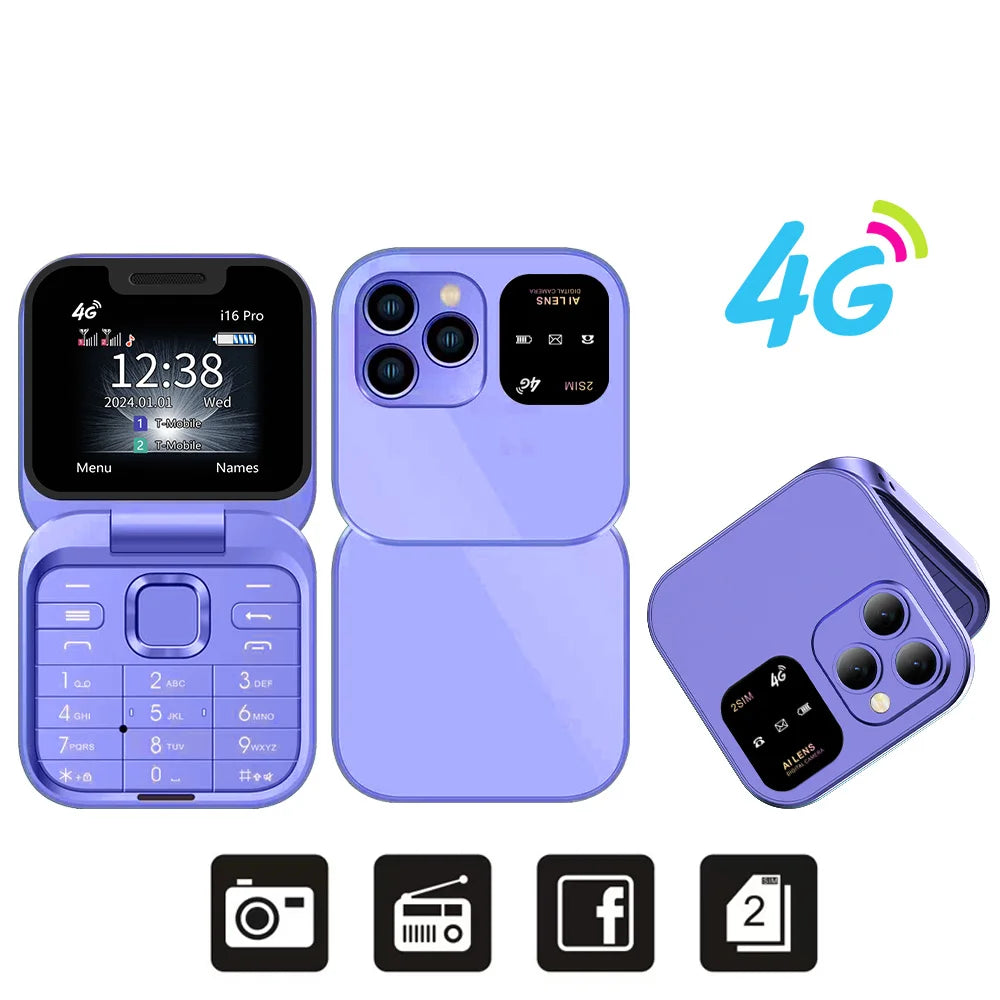 SERVO i16 Pro 4G LTE Mini Flip Mobile Phone Dual SIM Standby Call Recording Speed Dial FM Radio Blacklist Small Fold Cellphones