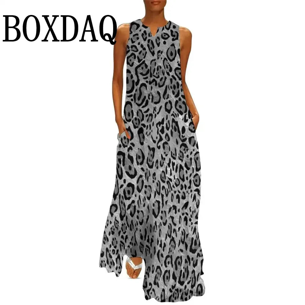 Summer Women Leopard Graphic Print Dress Fashion Elegant Casual V-Neck Sleeveless Tank Long Dresses Ladies Sexy Loose Maxi Dress