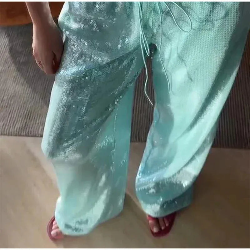 Women Solid Sequined Straight Pants Loose High Waist Wide Leg Trousers Lady Summer Chic Y2K High Street Pants