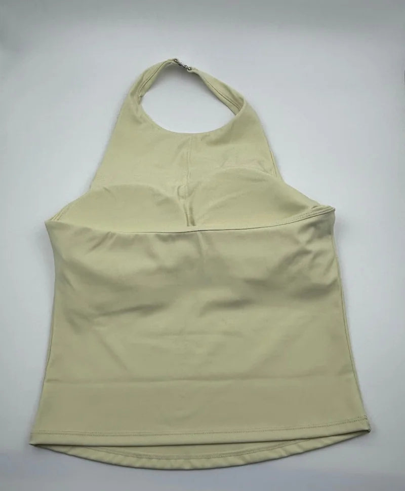 C-B Women Halter Open Back Yoga Tank Top Fold Over Waist Biker Shorts Workout Set for Gym Pilates Training