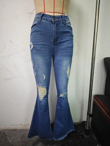 Spring and autumn Women's Blue Ripped Flared Jeans, Black Stretch Denim Pants, Stylish Casual Trousers.
