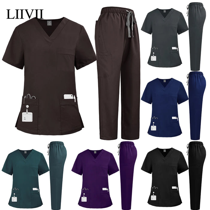Solid Color V-neck Workwear Set Men Women Uniforms Pet Grooming Clothes Hospital Doctor Nurse Scrub Set Medical Surgical Uniform