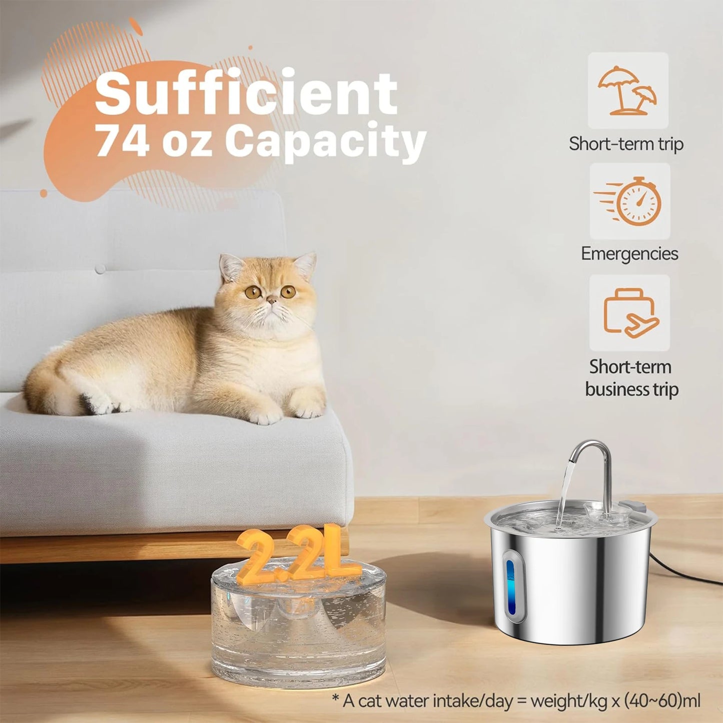 Stainless Steel Cat Water Fountain with 4 Filters, 2.2L/74oz Pet Automatic Water Fountain, Ultra Quiet Water Pump, Easy to Remov