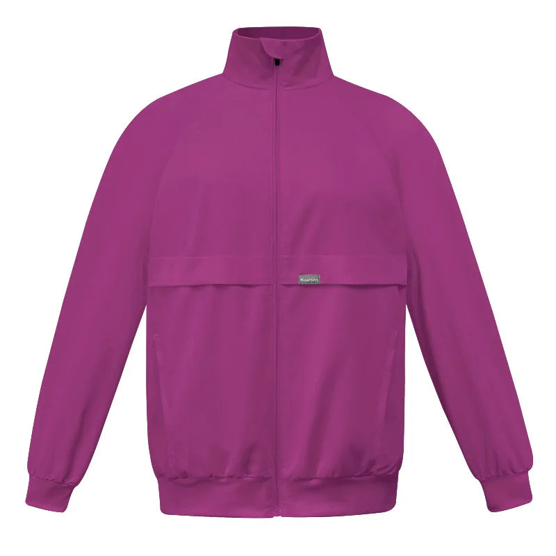 Surgical gown jacket, long sleeved jacket, stand up collar with multiple pockets, medical brush gloves, nurse work clothes