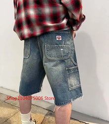 Mens Saint Distressed Denim Shorts Splashed Ink Wash Multi Pocket Loose Casual Streetwear Shorts