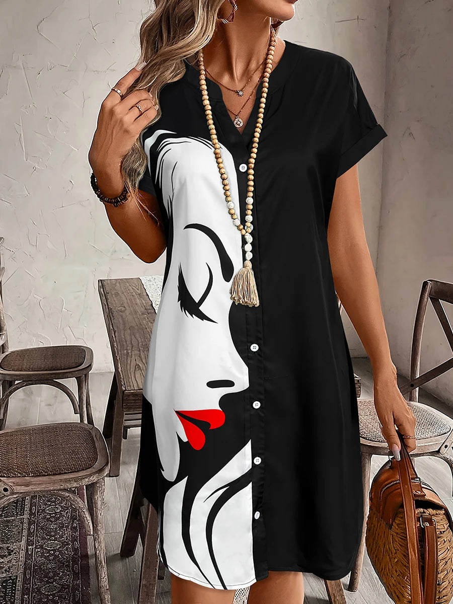 Women's Vintage Portrait Print Button Down Shirt Dress