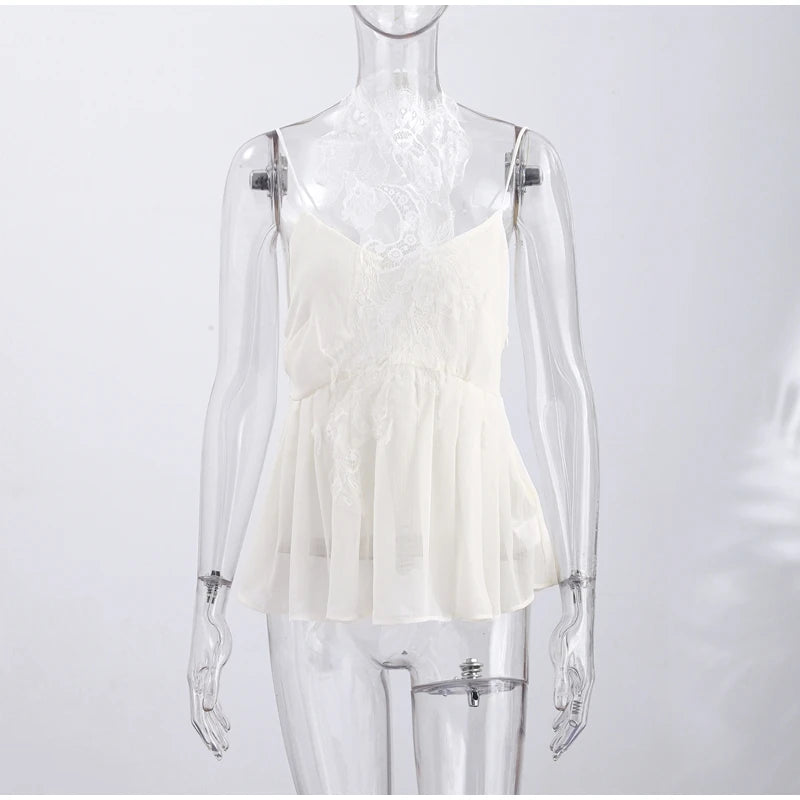 Women Pant Set Sheer Layers Spaghetti Strap Backless Lace Top Straps Solid Loose Straight Elastic Hem Fashion Beach Chic Suits