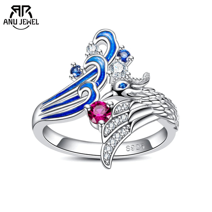 Bague de mariage AnuJewel en moissanite Phoenix, modèle classique « Montagnes et Mers », bague de fiançailles en argent sterling 925 avec ailes pour femme
