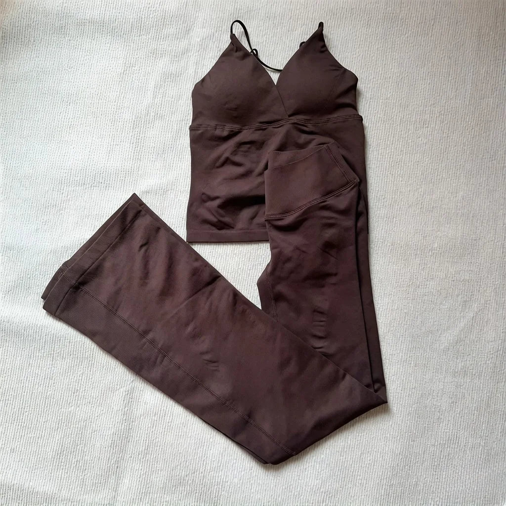 NO LOGO 2 Pieces Flared Legging Set Women Twist Front Sports vest Top Wide Leg Yoga Pants Seamless Yoga Set Tracksuits Workout