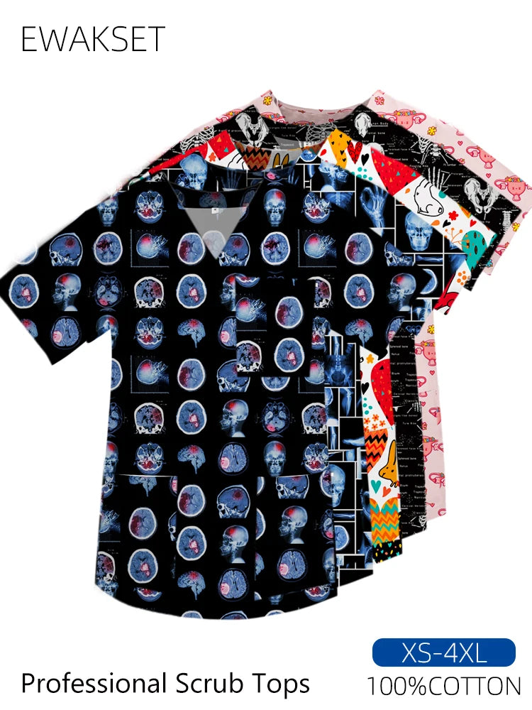 Women men Cartoon X-ray Surgical Tops pure Cotton Short Sleeve Medical Uniform Hospital Clinic Scrubs Blouse orthopedics Clothes