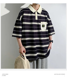 2024 New Summer Men POLO Shirt Trend Loose Clothing Students Short-sleeved T Shirt Tops Round Neck Five-quarter Sleeve Harajuku
