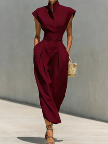 Summer New High Waist Pocket Dress Elegant Lady Slim Pleated Midi Dresses Fashion Solid Stand Collar Sleeveless Commuting Dress