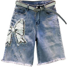 Ladies' Beaded and Sequined Denim Cropped Pants, New Summer Style, Raw-edge Straight-cut, Slim-fitting, Versatile Shorts