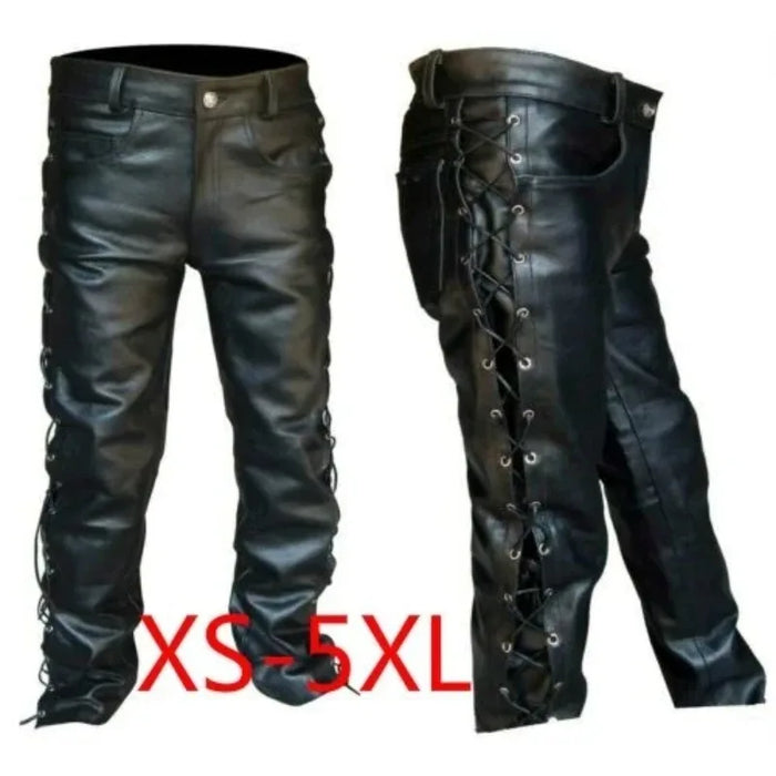 Pantalon de moto en cuir noir pour homme, style jean à lacets latéraux, pantalon en cuir épais