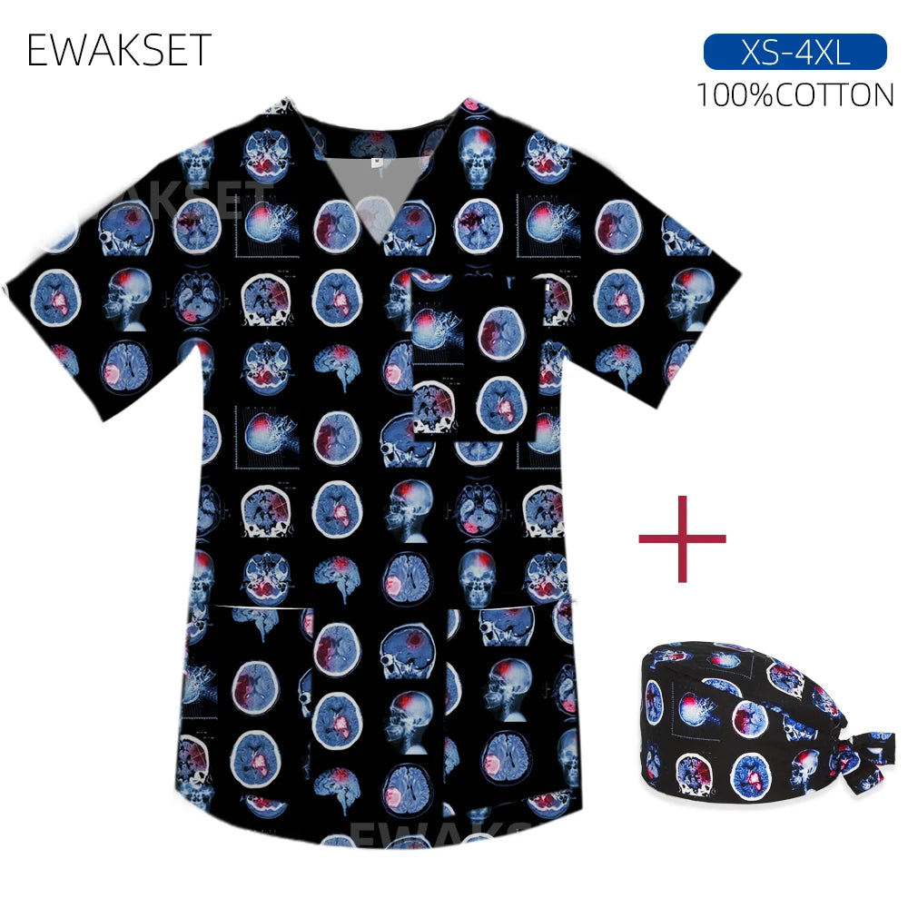 Women men Cartoon X-ray Surgical Tops pure Cotton Short Sleeve Medical Uniform Hospital Clinic Scrubs Blouse orthopedics Clothes