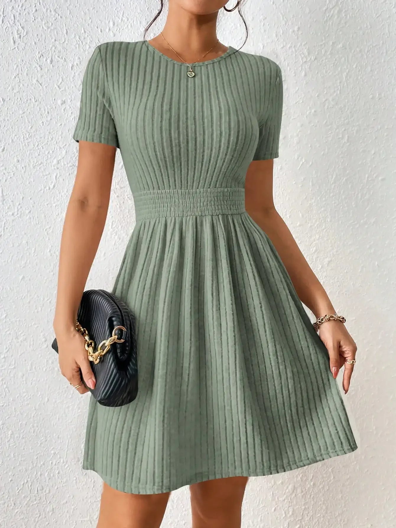 Fashionable Solid Color Ribbed Knit A Line Dress For Women