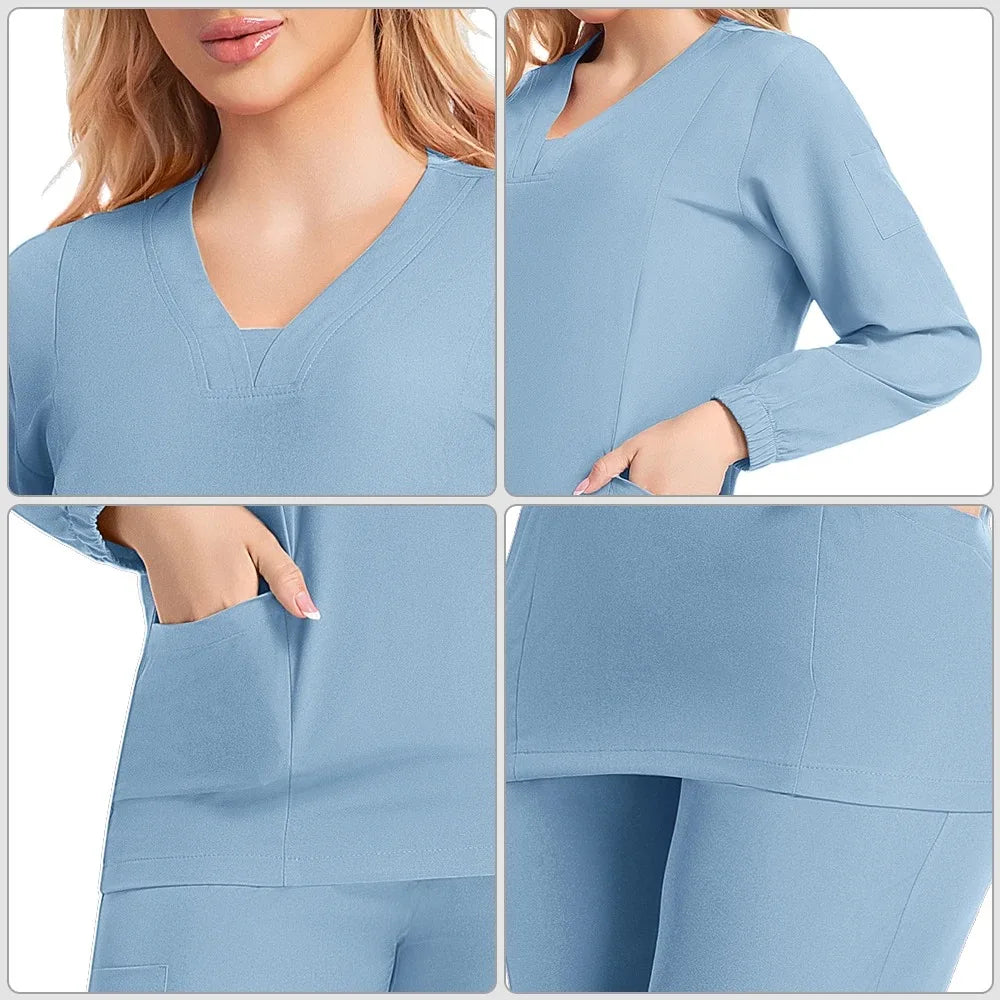 New Scrubs Nurse Uniforms Long Sleeve V-neck Top+Straight Pants Women Multicolor Nursing Scrubs Set Pet Doctor Medical Workwear