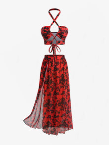 Red Black Floral Tankini Set Skirt Halter High Waist