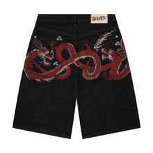 Men Dark Wash Denim Shorts Back Pocket Cherry Blossom Embroidered Loose Fit Knee Length Vintage Streetwear Casual Summer Wear