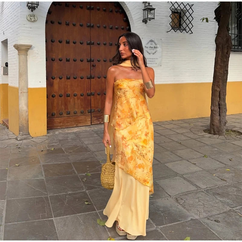 Vintage Floral Print Strapless Patchwork Dress Women Elegant Sleeveless Backless Ribbon Split Dresses Summer Female Party Robes