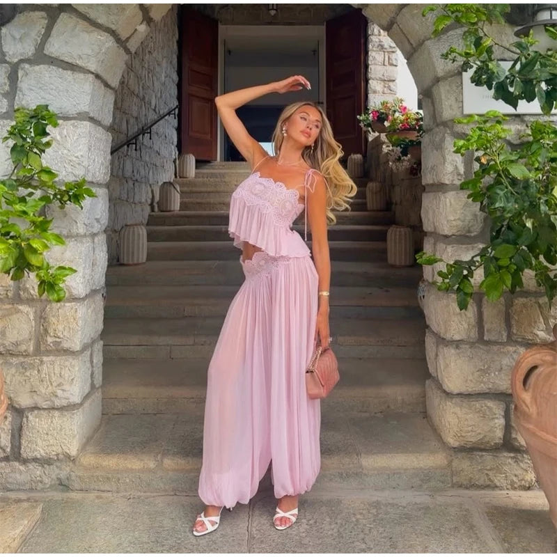 Light Blue Halter Neck Pleated Mini Dress Lady Sleeveless High Waist Hollow Lace Short Vestidos Summer Women's Vacation Outfit