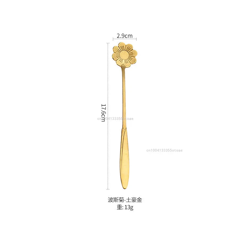 1pcs Stainless Steel Cherry Rose Flower Gold Scoop Coffee Spoon Gifts Kitchen Dessert Tea Accessories Tableware Decoration
