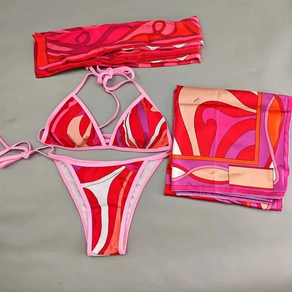 2026 Fashion Design Women's Red Scarf Sling Swimsuits Classic Brand Lady Scarf Bikini Sets with Letter Signature Logo