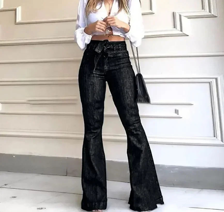 Women Jeans Denim Flare Pants Solid Color High Waist Zipper Fly Flat Pockets Streetwear Slim Patchwork Button Slight Strech Belt