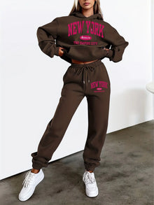 New York Print Two piece Set Casual Kangaroo Women's Casual Fashion Round Neck Sweatshirt, Solid Color Long Sleeves Sweatshirt,