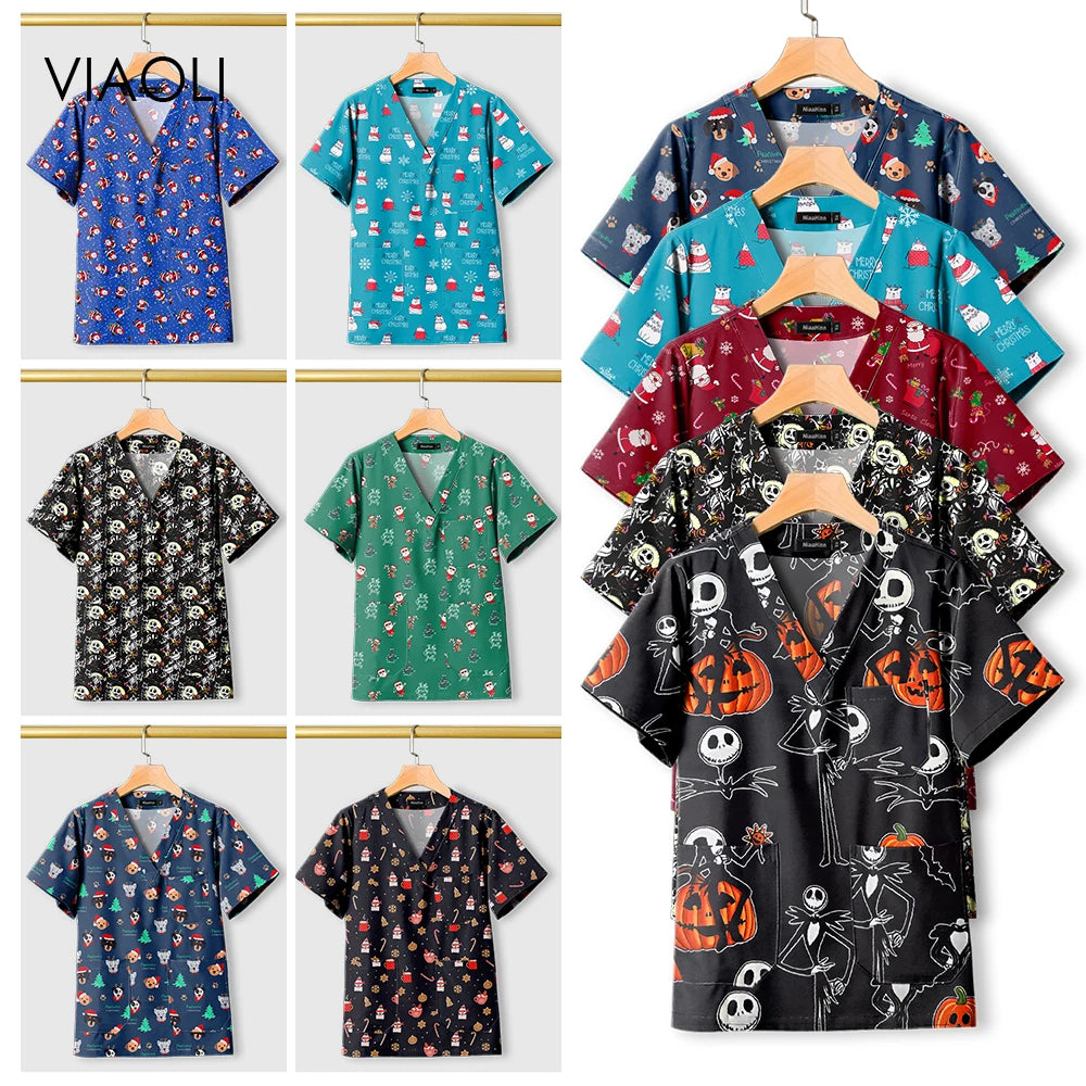 Nursing Uniforms Cartoon Printed Medical Elastic Hospital Doctor Unisex Halloween Christmas Costumes Women Men Nurse Scrubs Tops