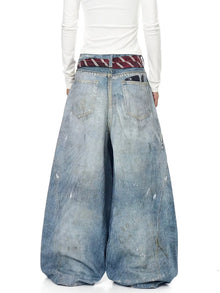 Women's Distressed Denim Wide Leg Jeans Y2K Grunge Style Tie & Pearl Chain Printing High Waist Casual Streetwear Trousers
