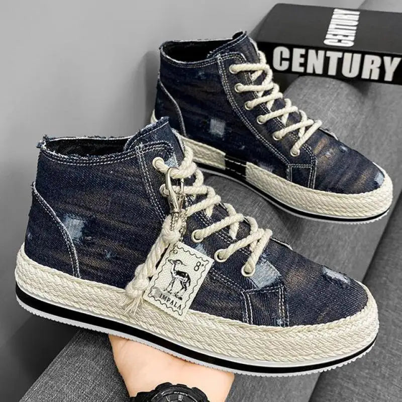 Men's Denim Canvas Sneakers Breathable High Top Sneakers for Men Slip On Sneakers Spring Summer Casual Platform Vulcanized Shoes