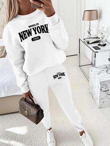 New York Print Two piece Set Casual Kangaroo Women's Casual Fashion Round Neck Sweatshirt, Solid Color Long Sleeves Sweatshirt,
