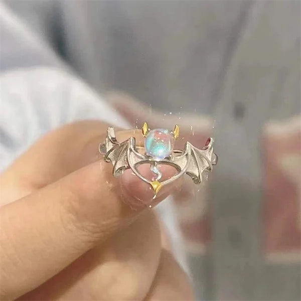 Angel and Demon Wings Couple Ring For Women Rose Gold Colour Black Fashion Moonstone Adjustable Opening Men's Ring Party Jewelry