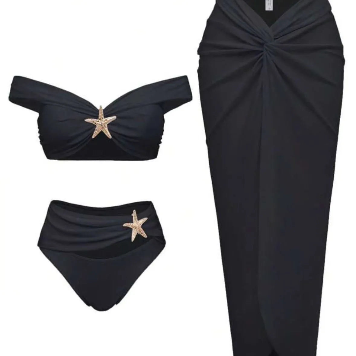 Women's Sexy Bikini Set Beachwear Metallic Starfish Bikini Folds Long Skirts Three Piece Sets Hot Girl Vacation Style Swimsuit
