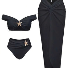 Women's Sexy Bikini Set Beachwear Metallic Starfish Bikini Folds Long Skirts Three Piece Sets Hot Girl Vacation Style Swimsuit