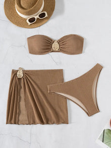 Coffee Bandeau Bikini Set With Mesh Skirt 3 Piece Swimwear