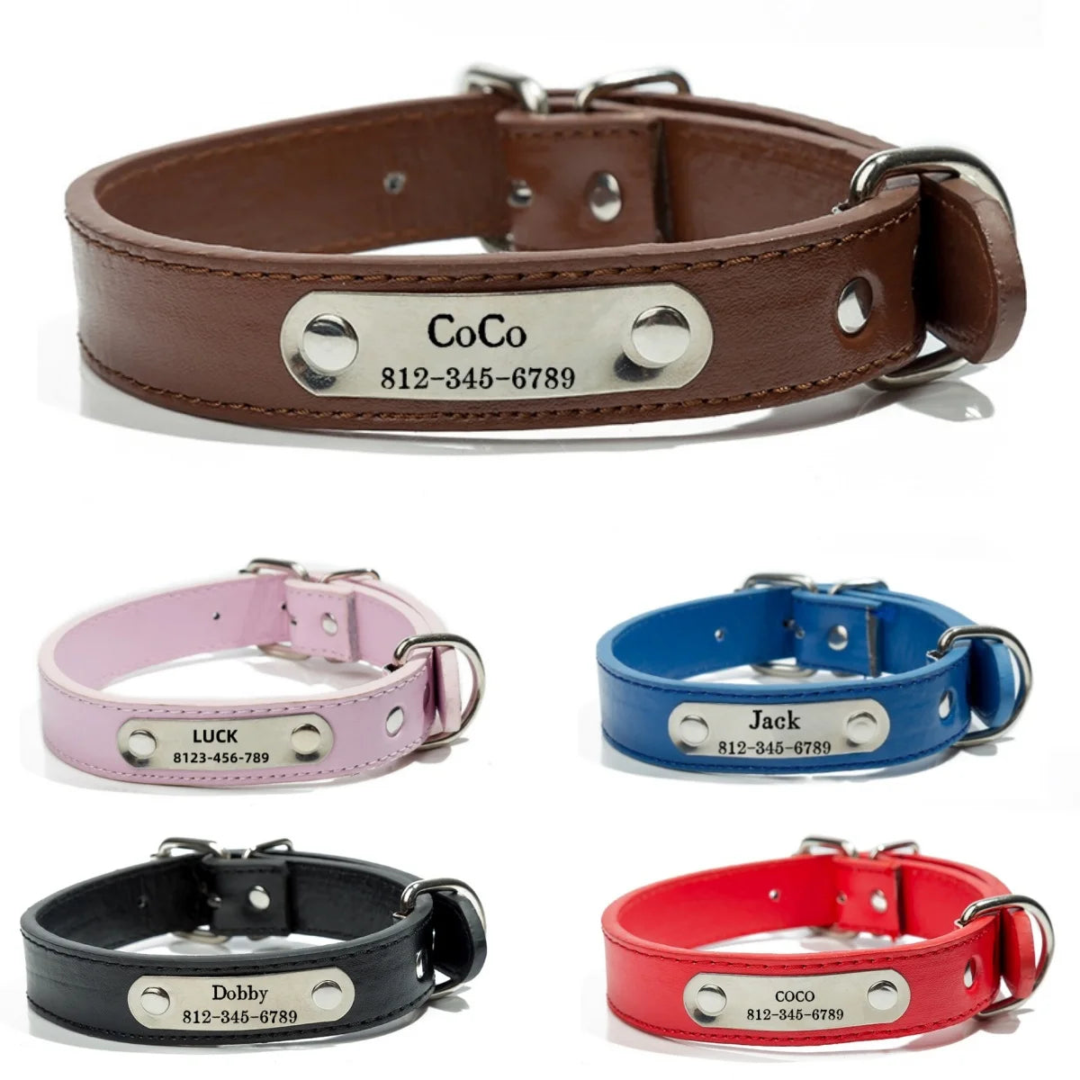 Personalized Dog Collar Name Carved ID Tag  Anti-lost Solid PU Leather Collar For Small Medium Large Dogs Puppy Cat Pet Supplies