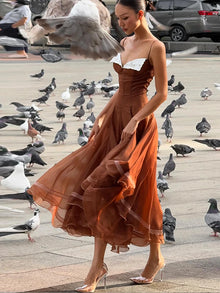 Spaghetti Strap Chiffon Lace Trim Flared Dress Sleeveless Waist Cinched 2026 Summer Formal Women Gown Chic Causal Lady Vestido