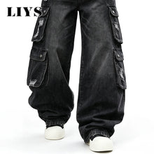 LIYS Men Retro Black Wash Multi Pocket Cargo Jeans Ripped Baggy Wide Leg Y2K Streetwear Denim Pants Tactical Loose Trousers